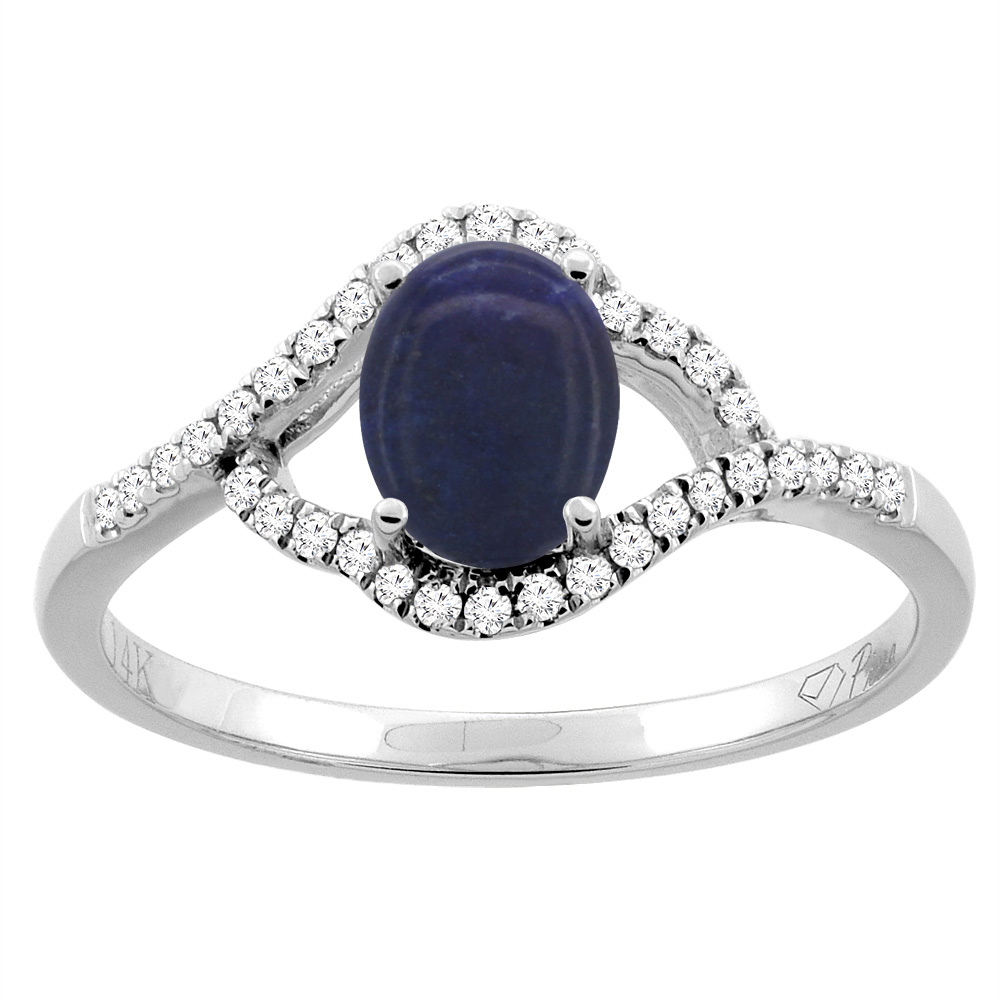 14K Gold Diamond Natural Lapis Engagement Ring Oval 7x5 mm, sizes 5 - 10