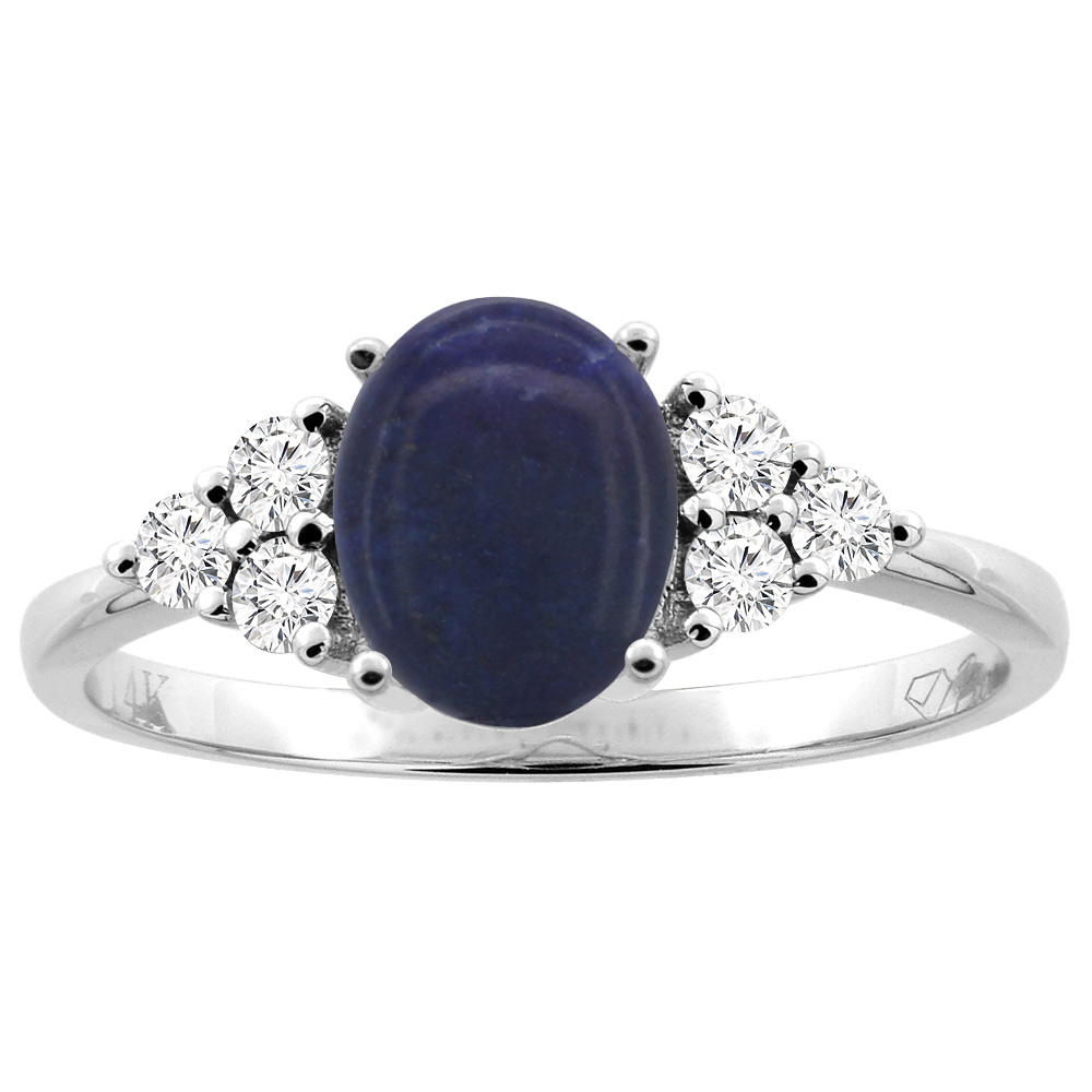 14K Gold Natural Lapis Ring Oval 8x6 mm Diamond Accents, sizes 5 - 10