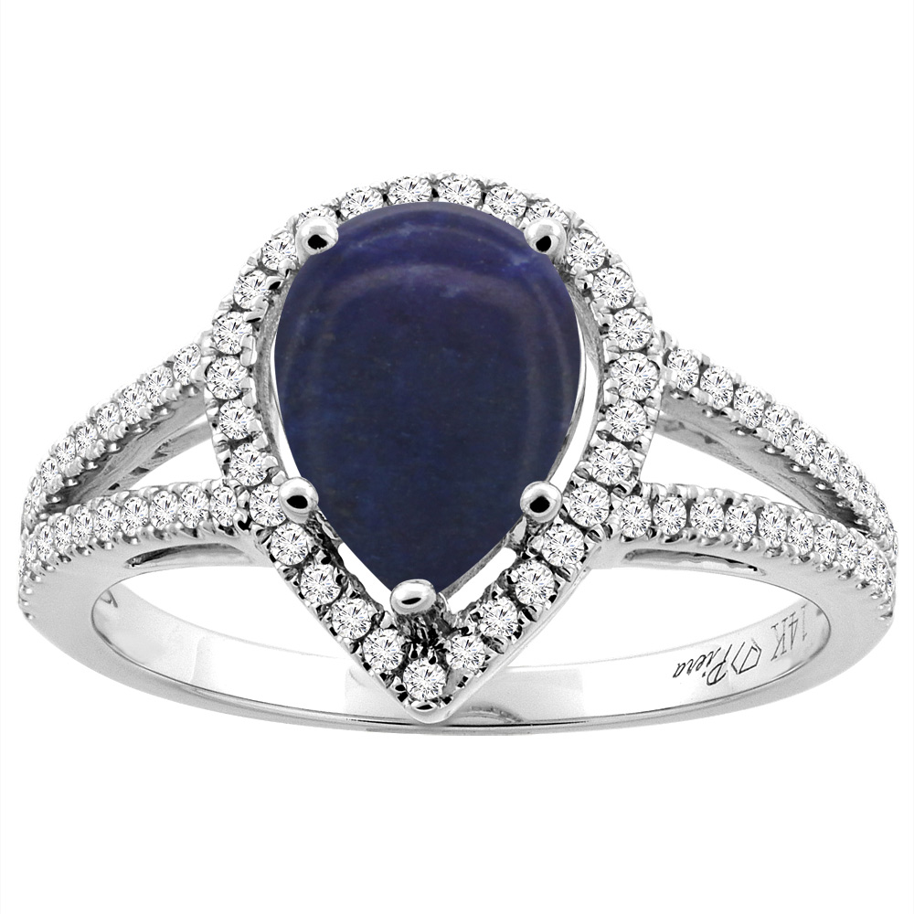 14K Gold Natural Lapis Ring Pear Shape 9x7 mm Diamond Accents, sizes 5 - 10