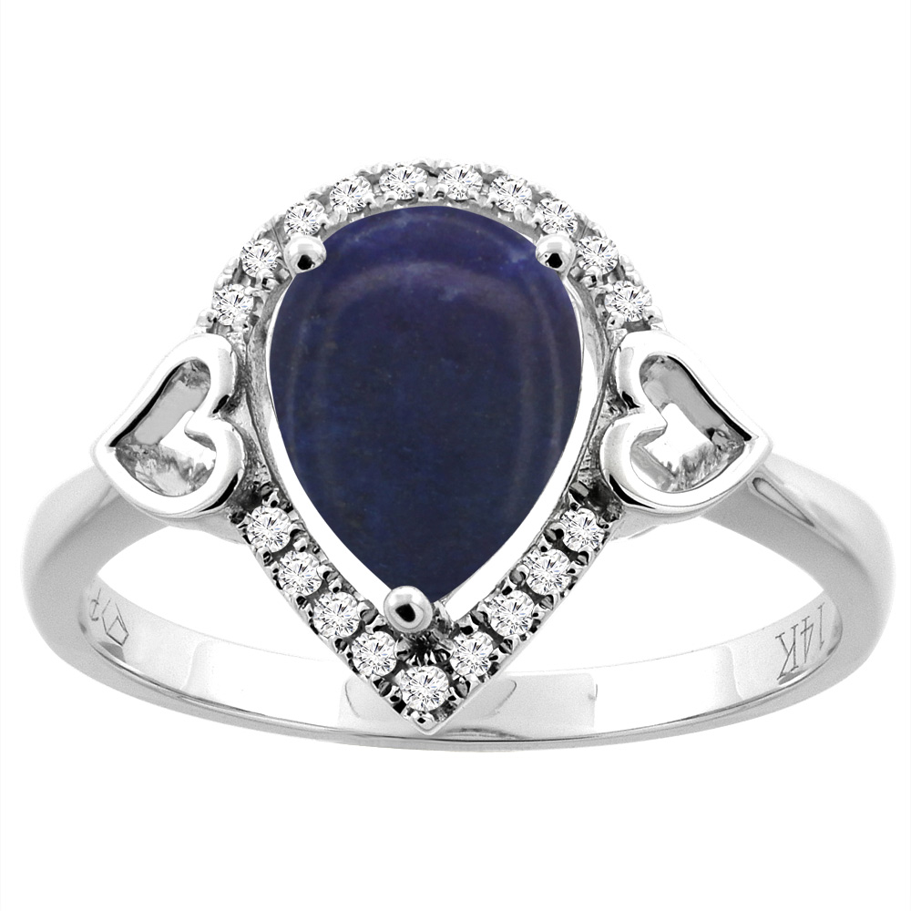 14K Gold Natural Lapis Ring Pear Shape 9x7 mm Diamond Accents, sizes 5 - 10