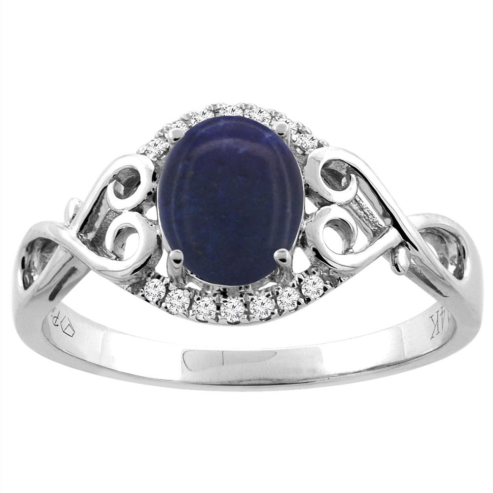 14K Gold Natural Lapis Ring Oval 8x6 mm Diamond & Heart Accents, sizes 5 - 10