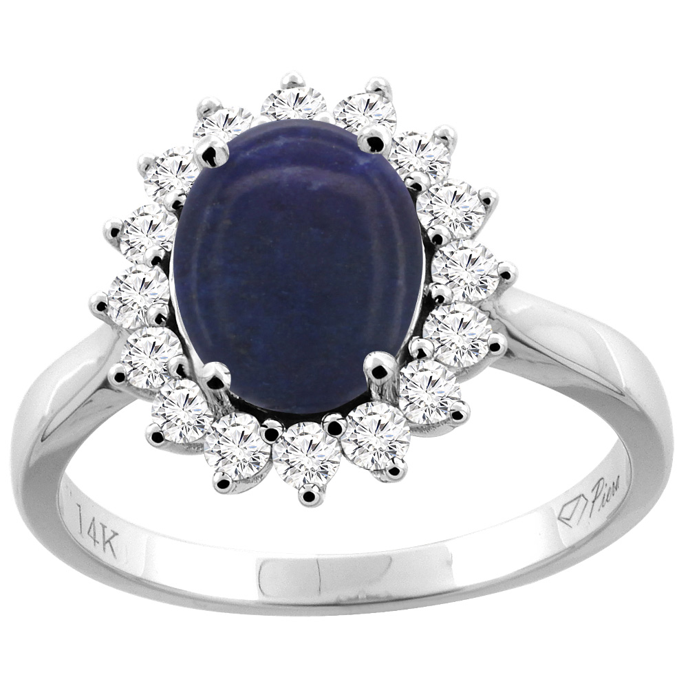 14K Gold Natural Lapis Ring Oval 9x7 mm Diamond Accents, sizes 5 - 10