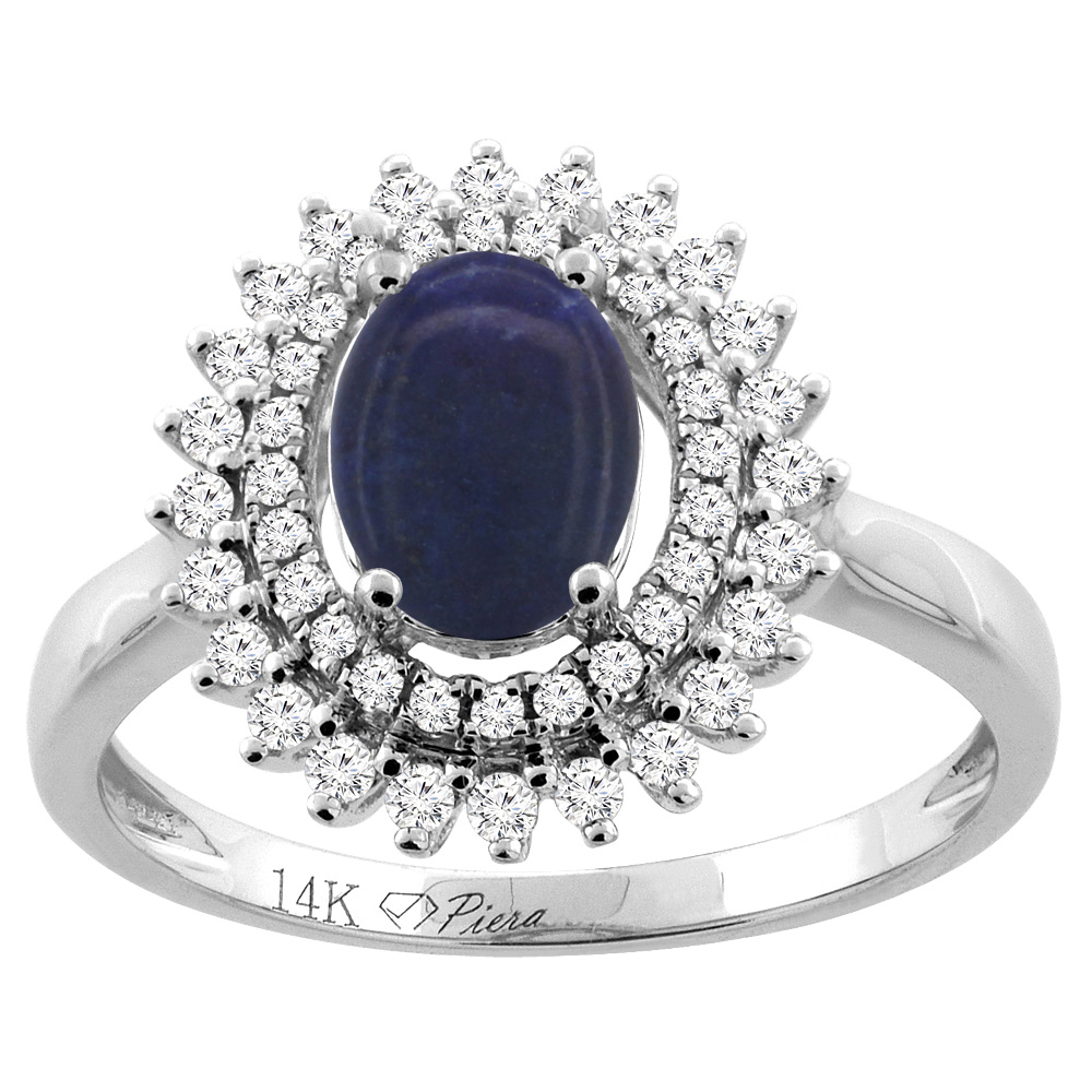 14K Gold Natural Lapis Ring Oval 8x6 mm Double Halo Diamond Accents, sizes 5 - 10