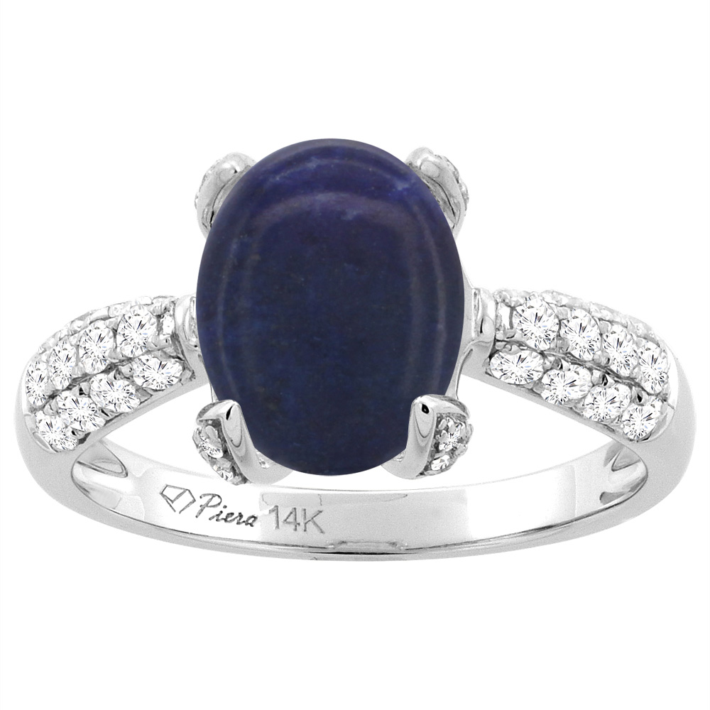14K White Gold Natural Lapis Engagement Ring Oval 10x8 mm & Diamond Accents, sizes 5 - 10