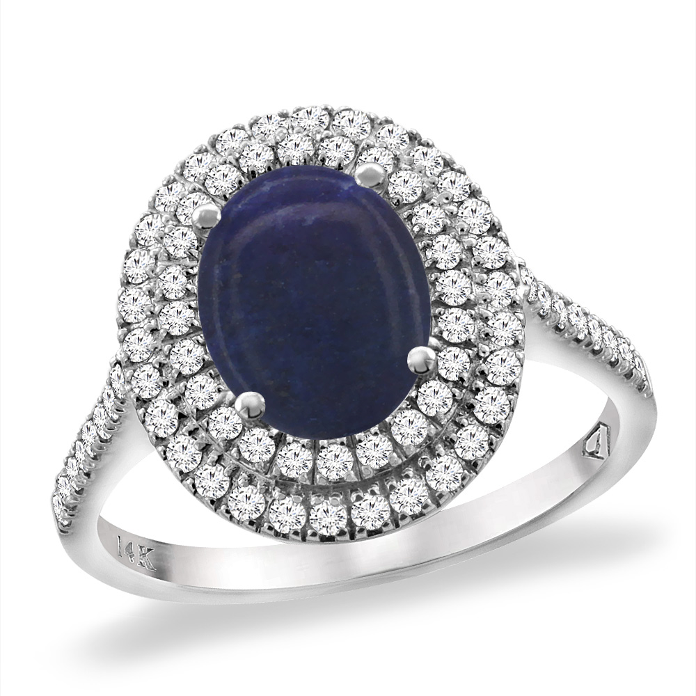 14K White Gold Natural Lapis Two Halo Diamond Engagement Ring 9x7 mm Oval, sizes 5 -10
