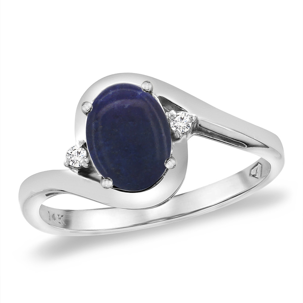 14K White Gold Diamond Natural Lapis Bypass Engagement Ring Oval 8x6 mm, sizes 5 -10