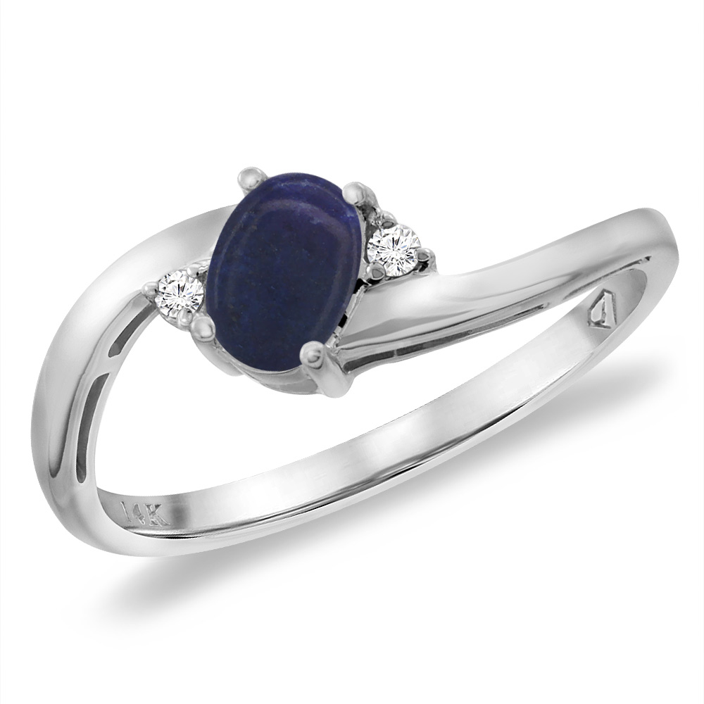 14K White Gold Diamond Natural Lapis Bypass Engagement Ring Oval 6x4 mm, sizes 5 -10