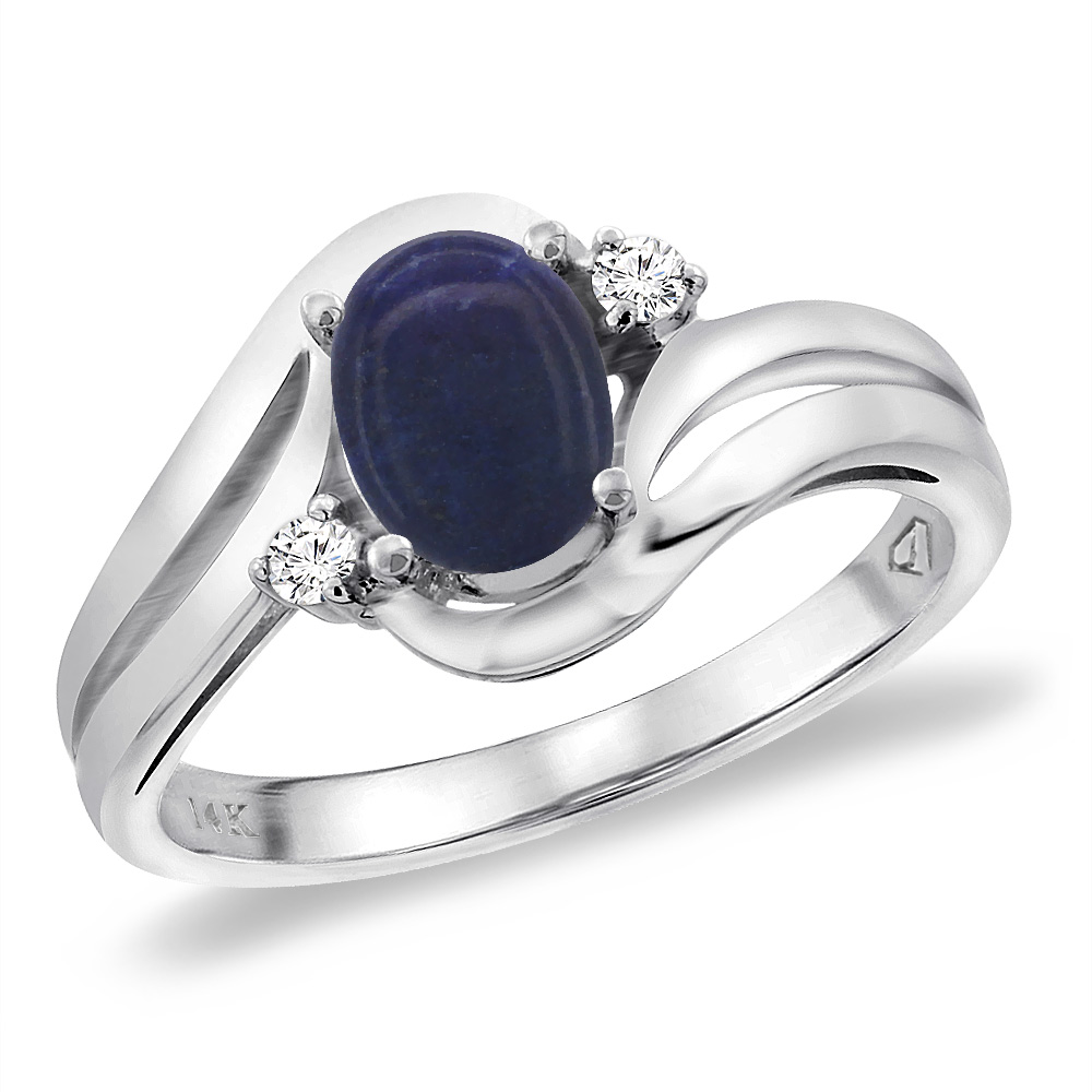 14K White Gold Diamond Natural Lapis Bypass Engagement Ring Oval 8x6 mm, sizes 5 -10