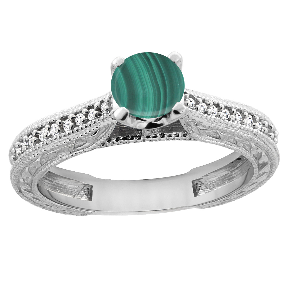 14K White Gold Natural Malachite Round 5mm Engraved Engagement Ring Diamond Accents, sizes 5 - 10