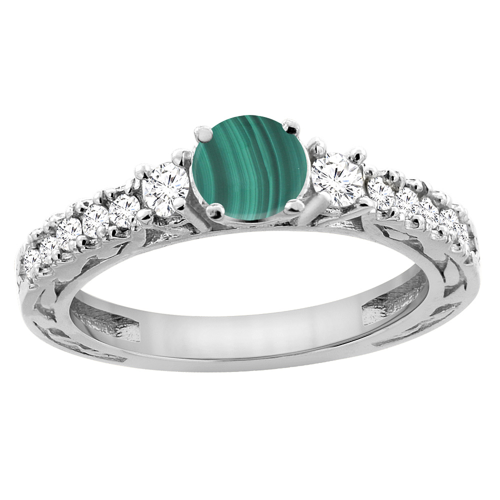 14K White Gold Natural Malachite Round 6mm Engraved Engagement Ring Diamond Accents, sizes 5 - 10