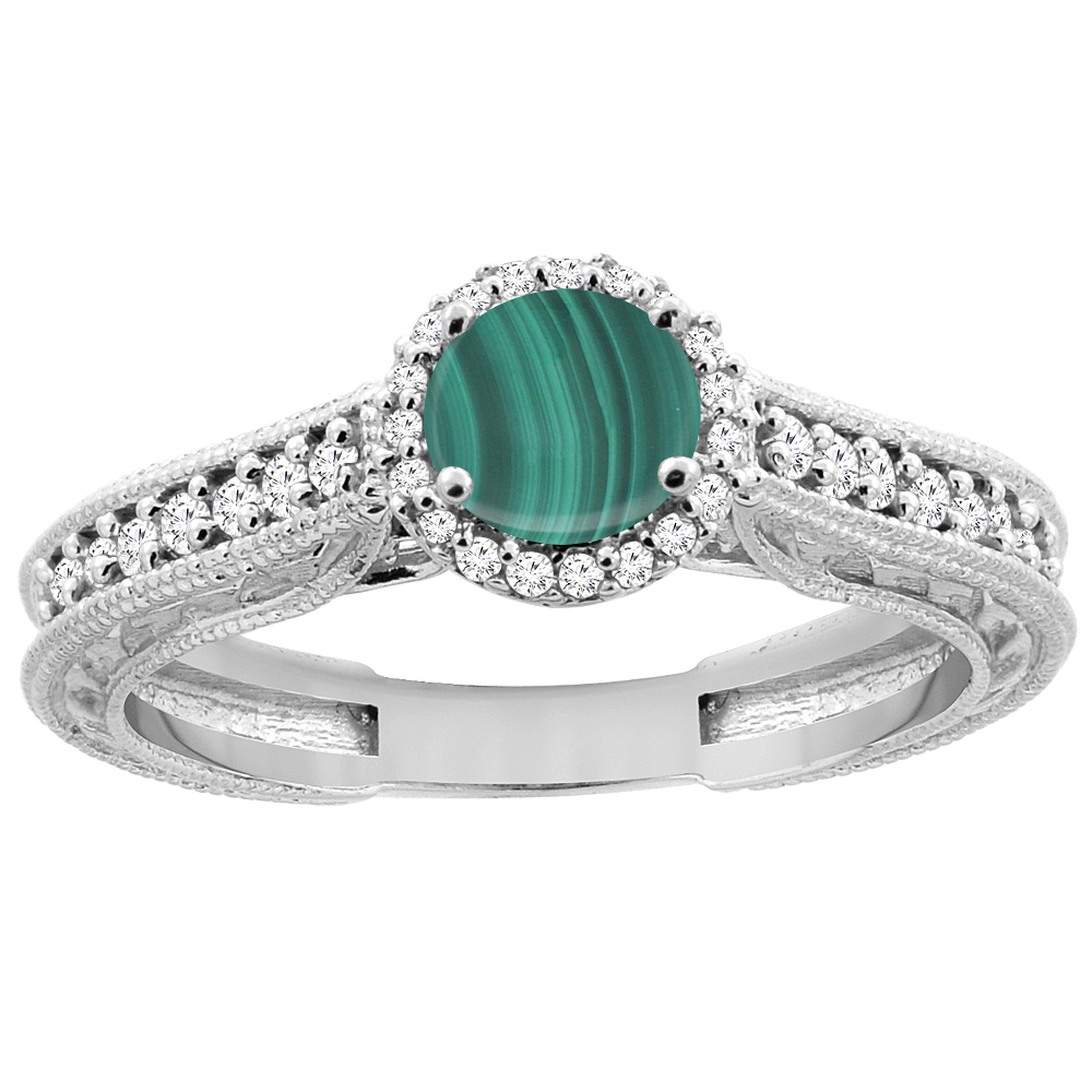 14K White Gold Natural Malachite Round 5mm Engraved Engagement Ring Diamond Accents, sizes 5 - 10