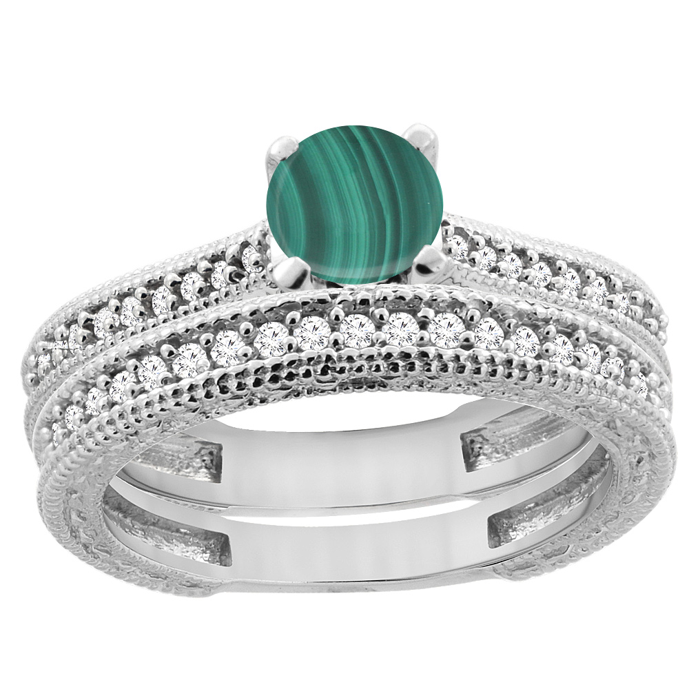 14K White Gold Natural Malachite Round 5mm Engraved Engagement Ring 2-piece Set Diamond Accents, sizes 5 - 10