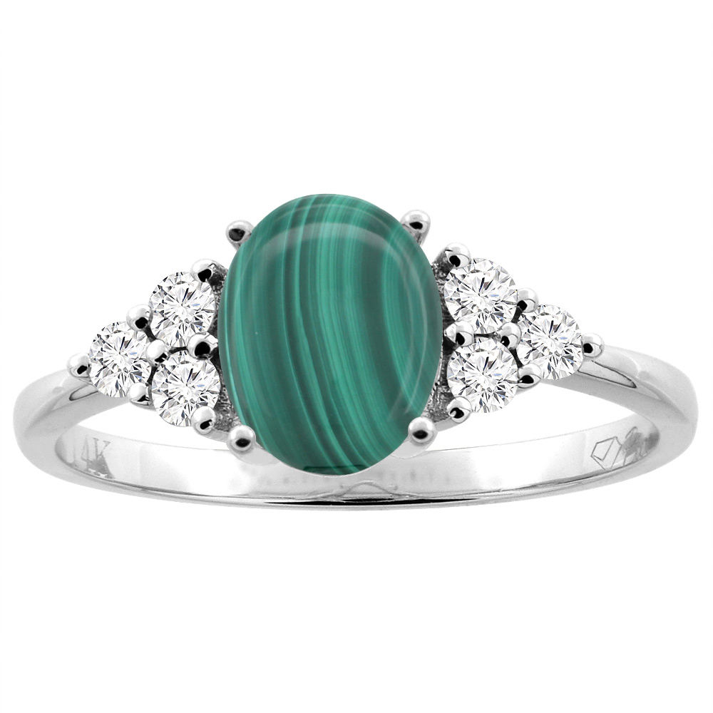 14K Gold Natural Malachite Ring Oval 8x6 mm Diamond Accents, sizes 5 - 10