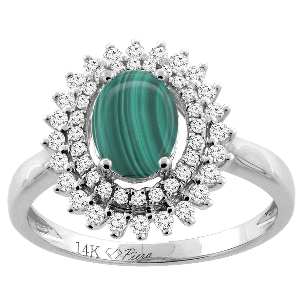 14K Gold Natural Malachite Ring Oval 8x6 mm Double Halo Diamond Accents, sizes 5 - 10