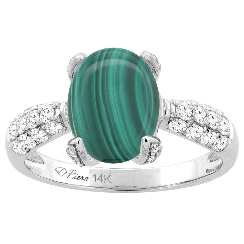 14K White Gold Natural Malachite Engagement Ring Oval 18x13 mm &amp; Diamond Accents, sizes 5 - 10