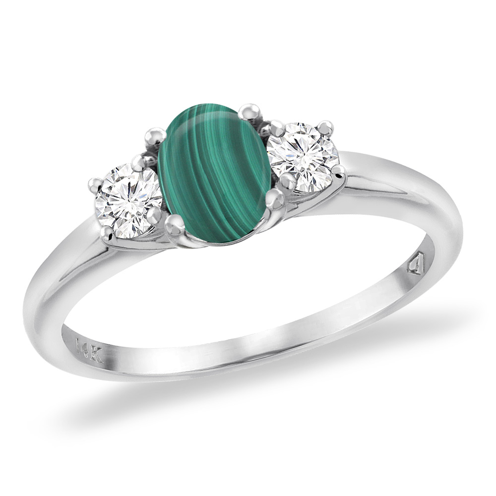 14K White Gold Natural Malachite Engagement Ring Diamond Accents Oval 7x5 mm, sizes 5 -10