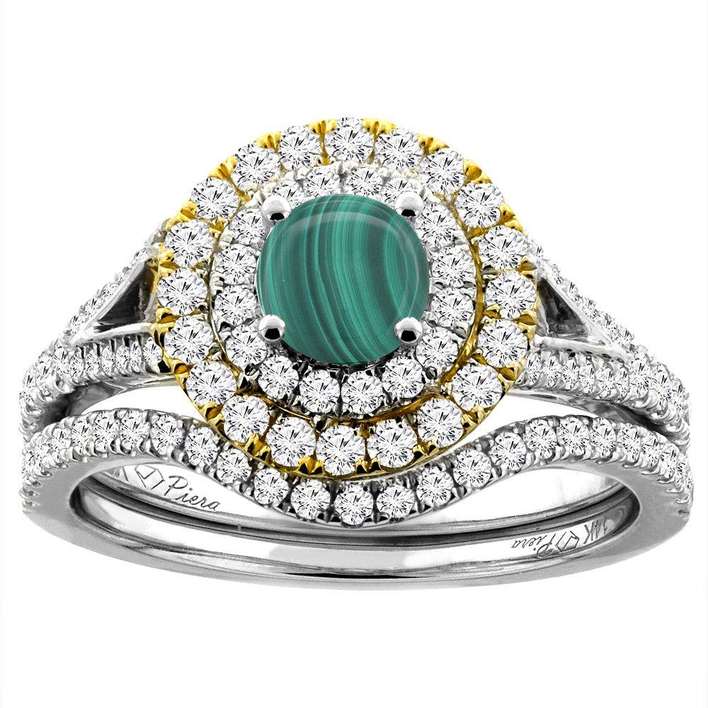 14K White Gold Diamond Natural Malachite Halo Engagement Bridal Ring Set Round 5 mm, sizes 5-10