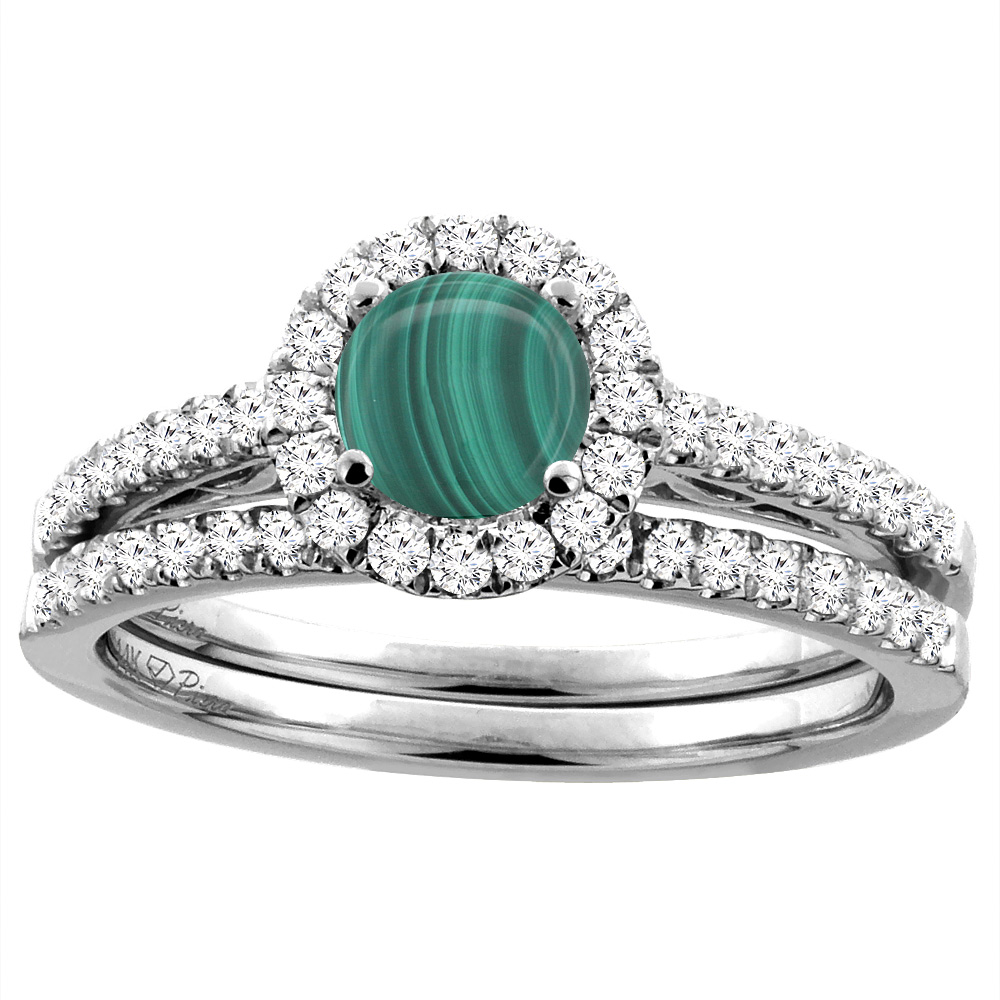 14K White Gold Diamond Natural Malachite Halo Engagement Bridal Ring Set Round 6 mm, sizes 5-10