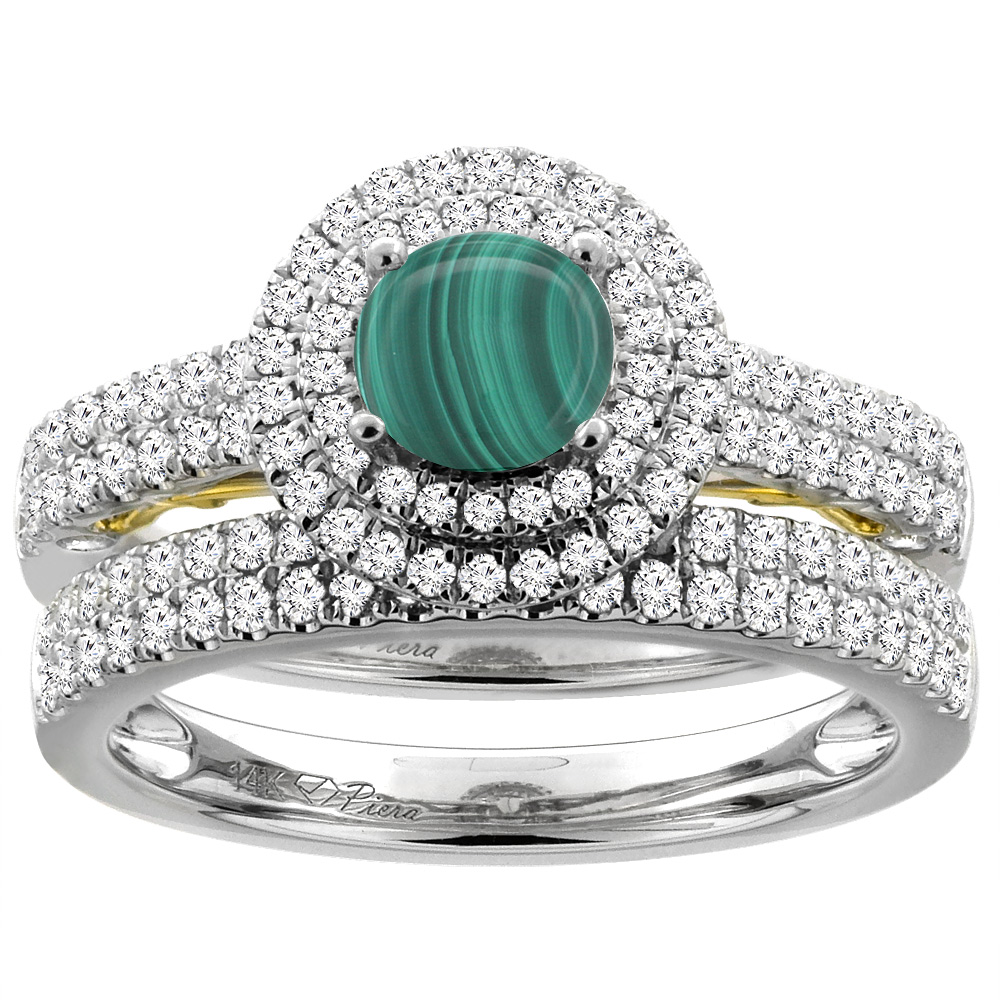 14K White Gold Diamond Natural Malachite Halo Engagement Ring Set Round 6 mm, sizes 5-10