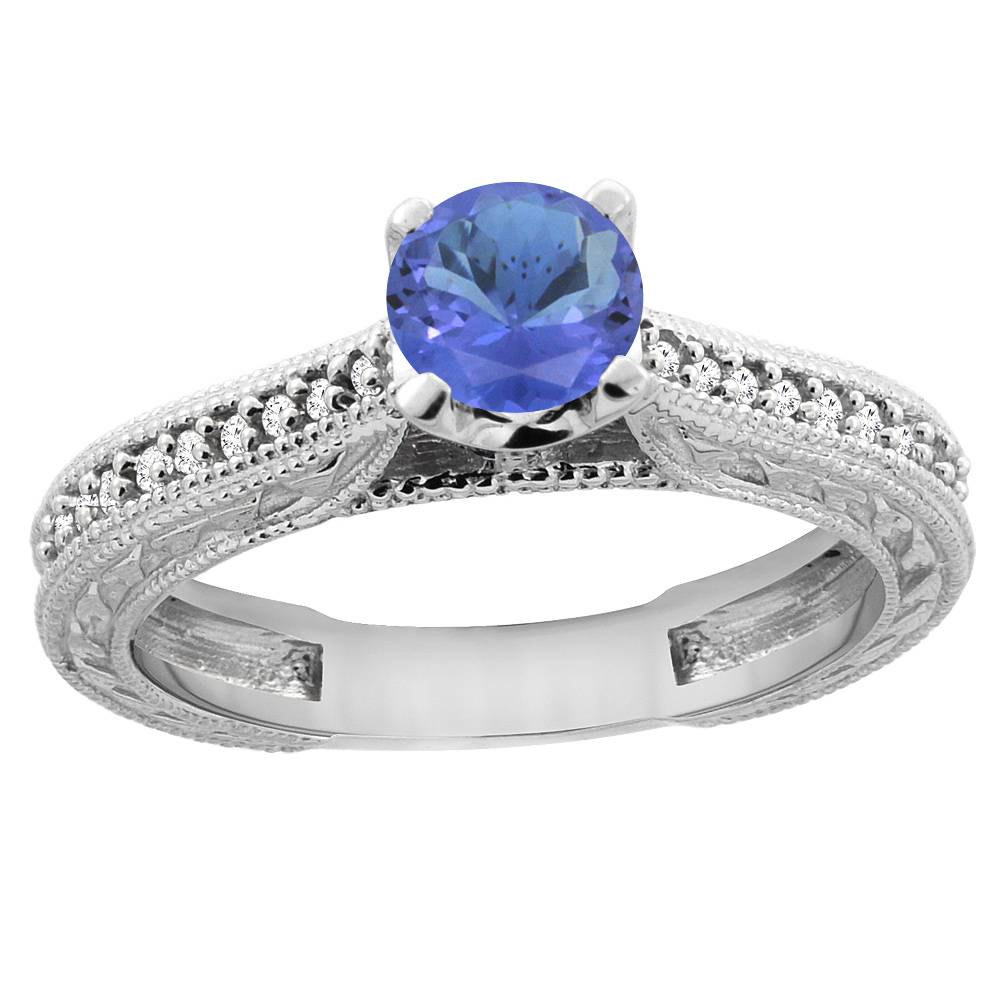 14K White Gold Natural Tanzanite Round 5mm Engraved Engagement Ring Diamond Accents, sizes 5 - 10