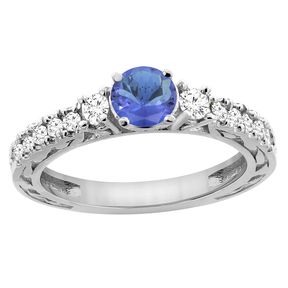 14K White Gold Natural Tanzanite Round 6mm Engraved Engagement Ring Diamond Accents, sizes 5 - 10
