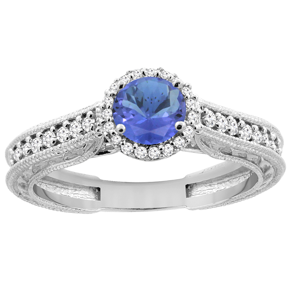 14K White Gold Natural Tanzanite Round 5mm Engraved Engagement Ring Diamond Accents, sizes 5 - 10