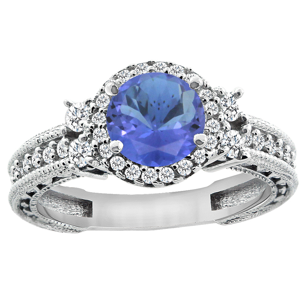 14K White Gold Natural Tanzanite Halo Engagement Ring Round 6mm Diamond Accents, sizes 5 - 10