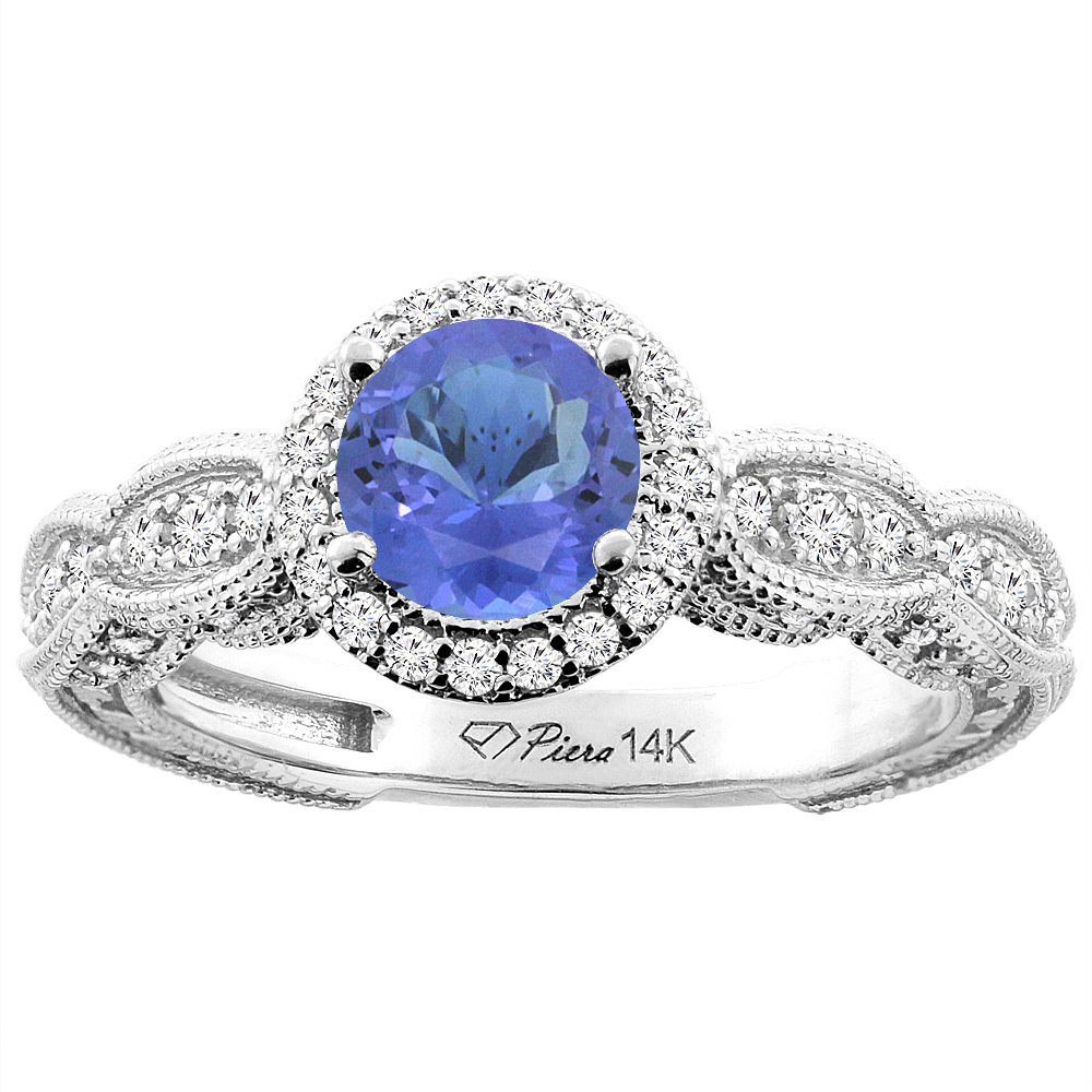 14K WHITE GOLD NATURAL TANZANITE & DIAMOND HALO RING ROUND 6 MM, SIZES 5-10