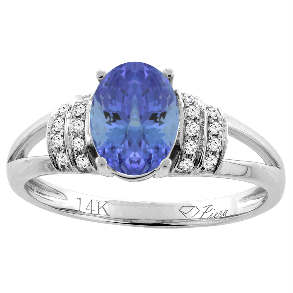 14K Gold Natural Tanzanite Ring Oval 8x6 mm Diamond Accents, sizes 5 - 10