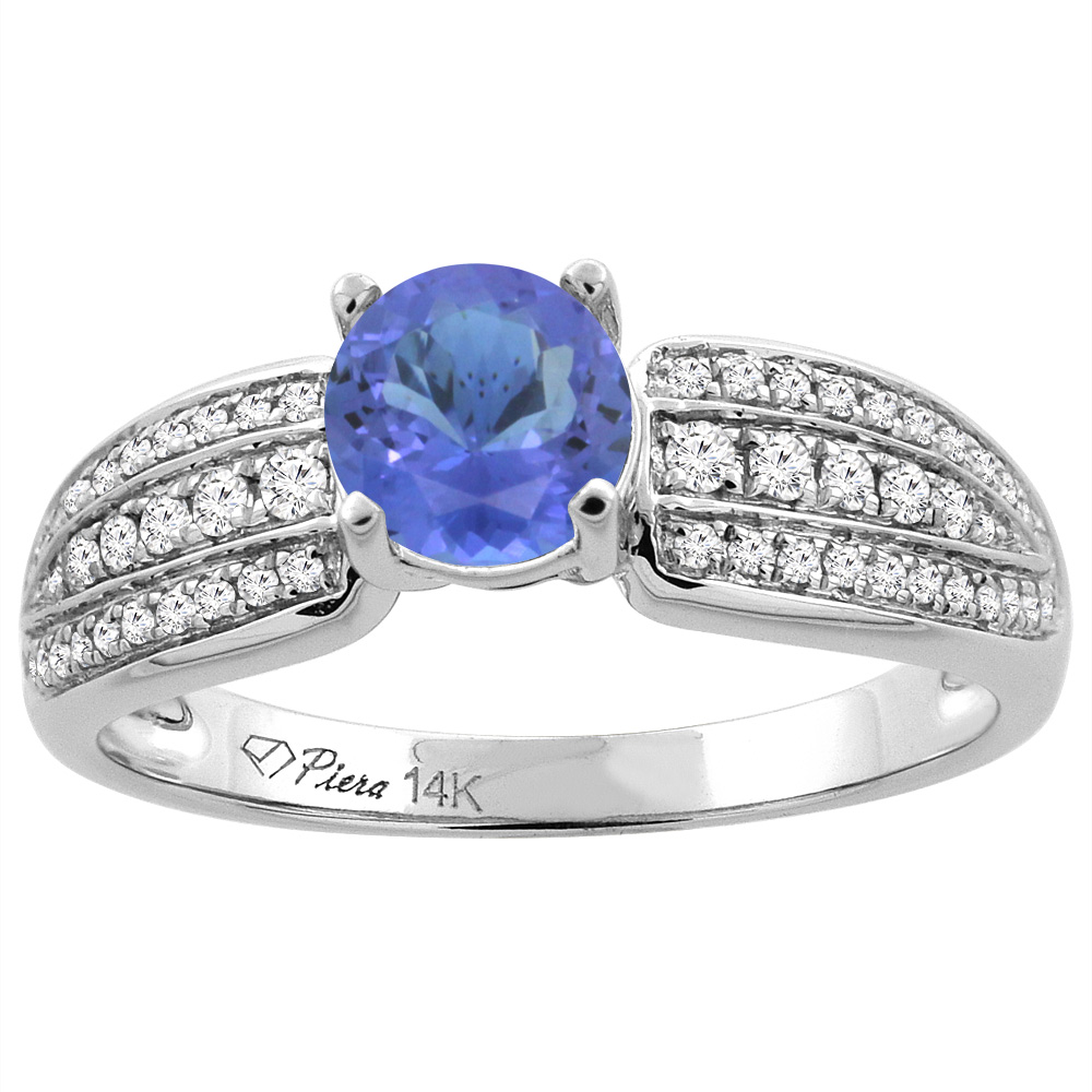14K White Gold Natural Tanzanite Engagement Ring Round 6 mm 3-row Diamond Accents, sizes 5 - 10