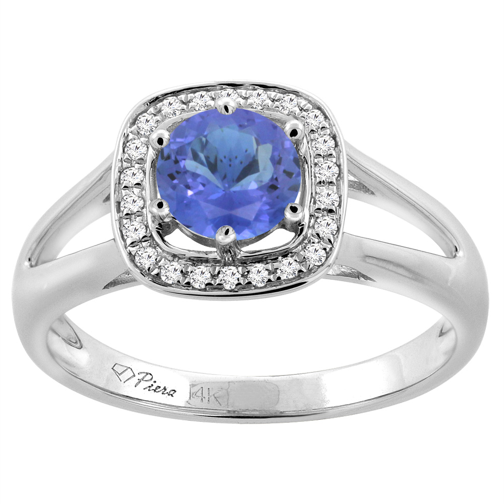14K White Gold Natural Tanzanite Engagement Halo Ring Round 6 mm & Diamond Accents, sizes 5 - 10