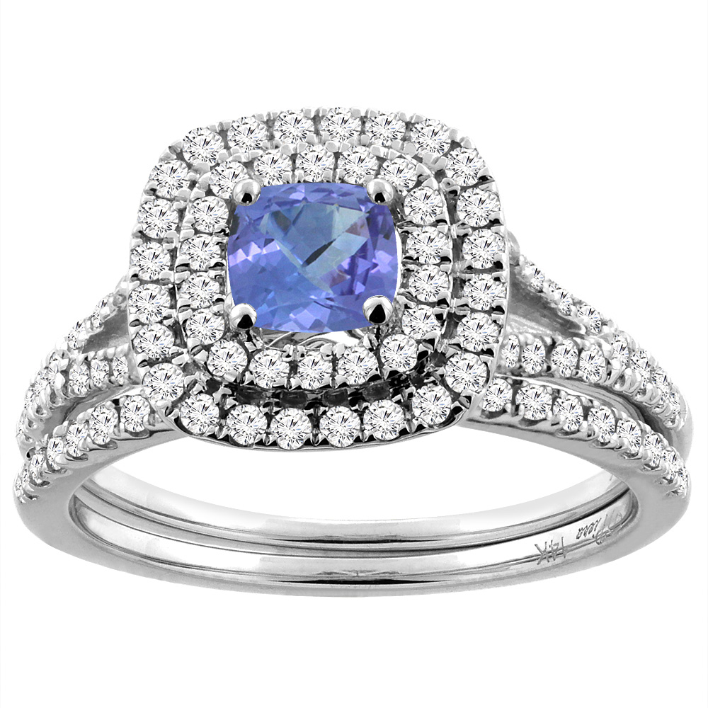 14K White Gold Diamond Halo Natural Tanzanite 2pc Engagement Ring Set Cushion 6x6 mm, sizes 5-10