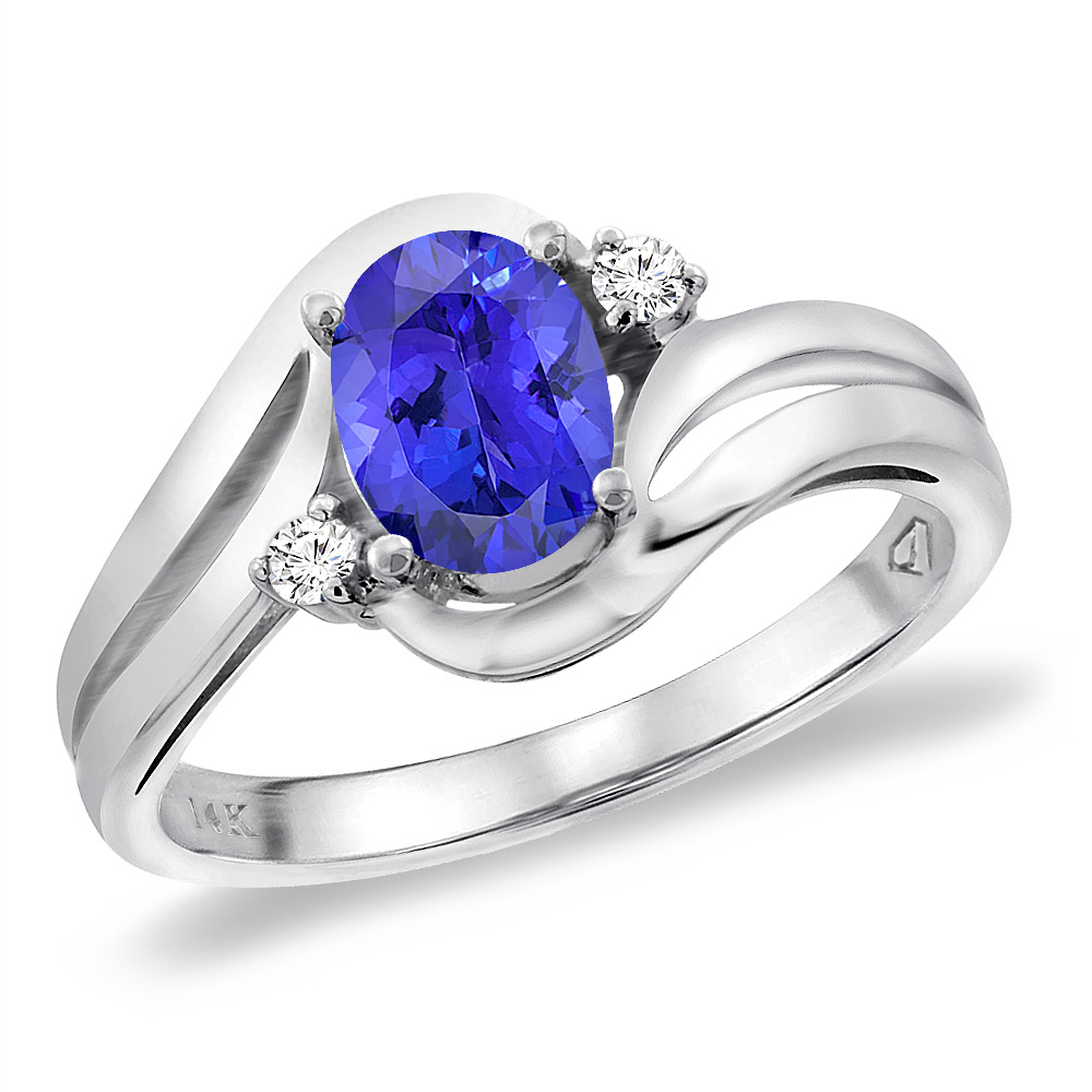 14K White Gold Diamond Natural Tanzanite Bypass Engagement Ring Oval 8x6 mm, sizes 5 -10