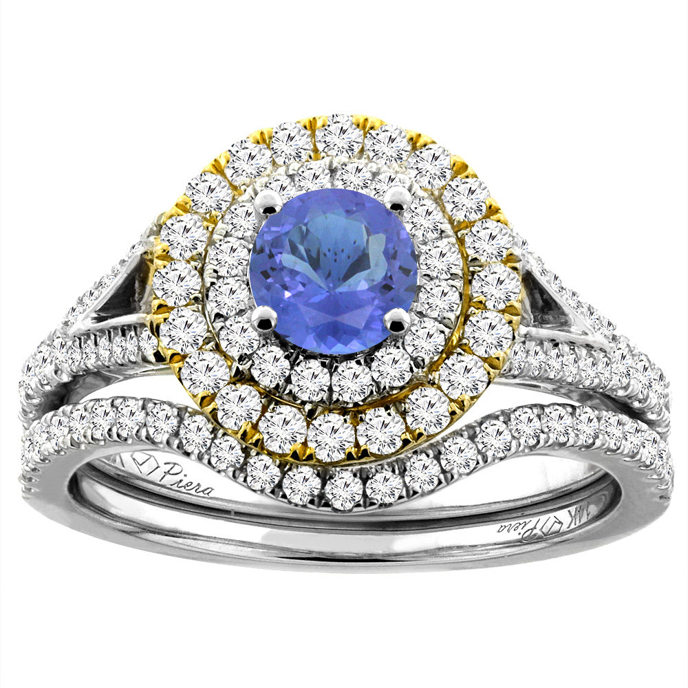 14K White Gold Diamond Natural Tanzanite Halo Engagement Bridal Ring Set Round 5 mm, sizes 5-10