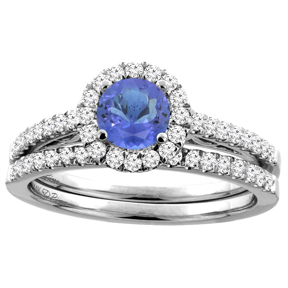 14K White Gold Diamond Natural Tanzanite Halo Engagement Bridal Ring Set Round 6 mm, sizes 5-10