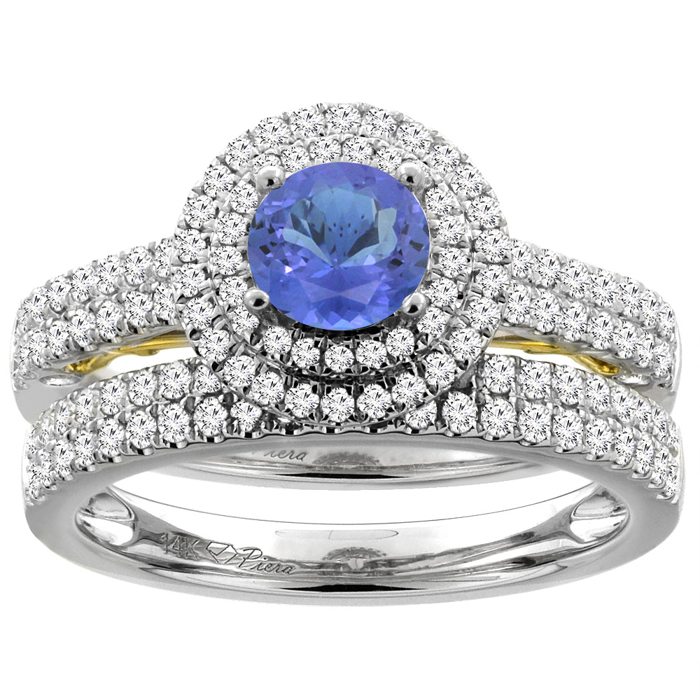 14K White Gold Diamond Natural Tanzanite Halo Engagement Ring Set Round 6 mm, sizes 5-10