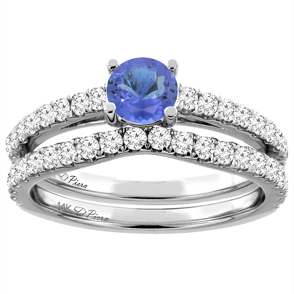 14K White Gold Diamond Natural Tanzanite Engagement Bridal Ring Set Round 6 mm, sizes 5-10
