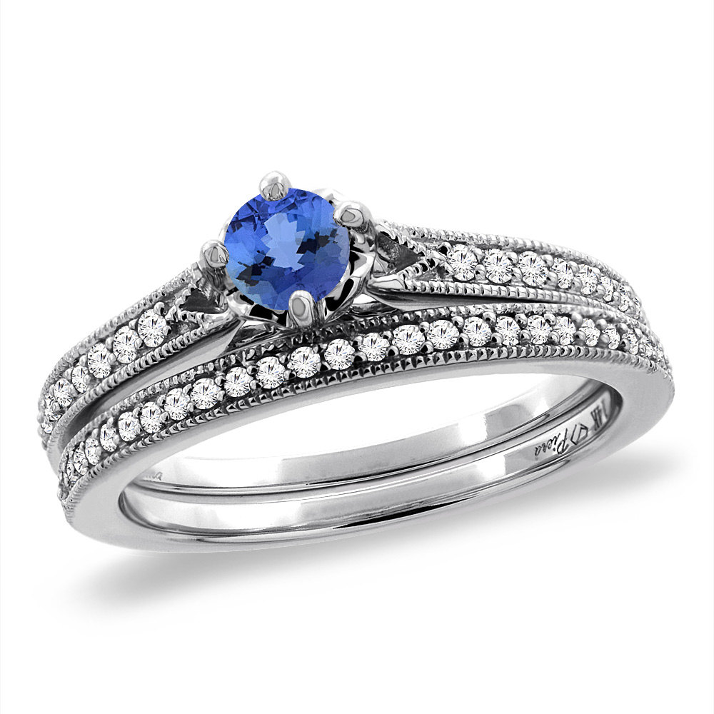 14K White Gold Diamond Natural Tanzanite 2pc Engagement Ring Set Round 4 mm, sizes 5 - 10