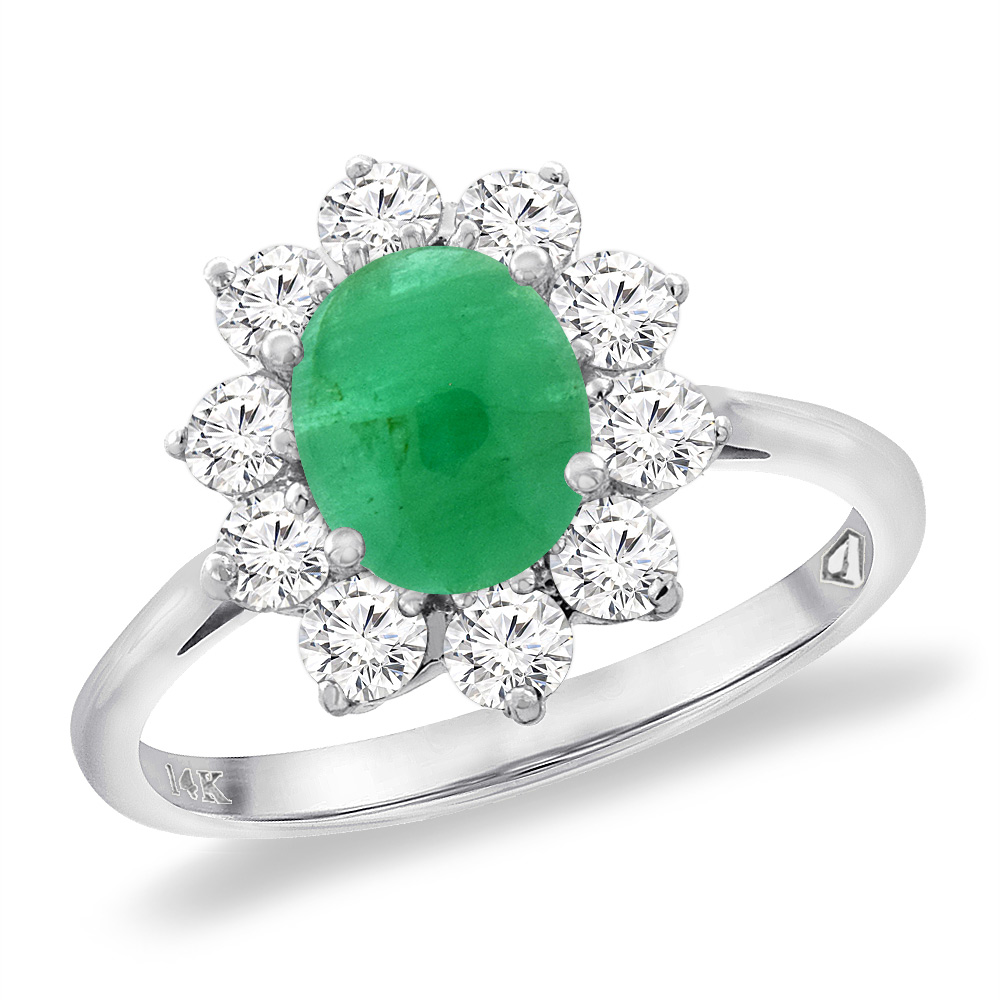 14K White Gold Diamond Natural Cabochon Emerald Engagement Ring Oval 8x6 mm, sizes 5 -10