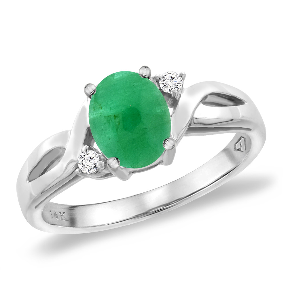 14K White Gold Diamond Natural Cabochon Emerald Engagement Ring Oval 8x6 mm, sizes 5 -10