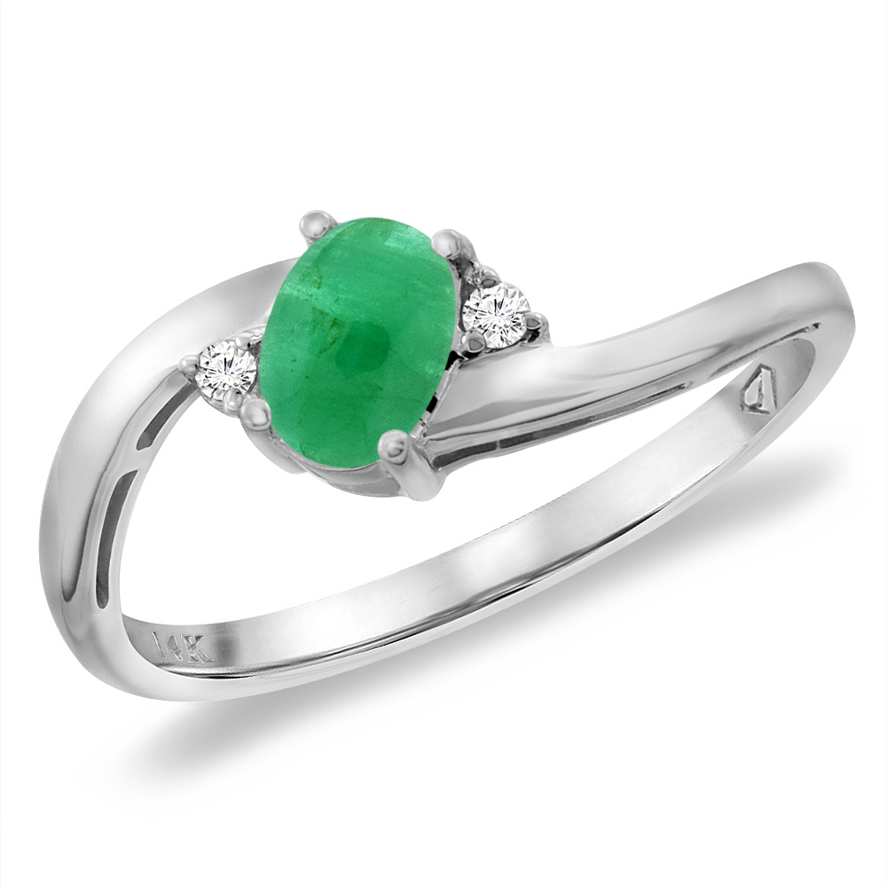 14K White Gold Diamond Natural Cabochon Emerald Bypass Engagement Ring Oval 6x4 mm, sizes 5 -10