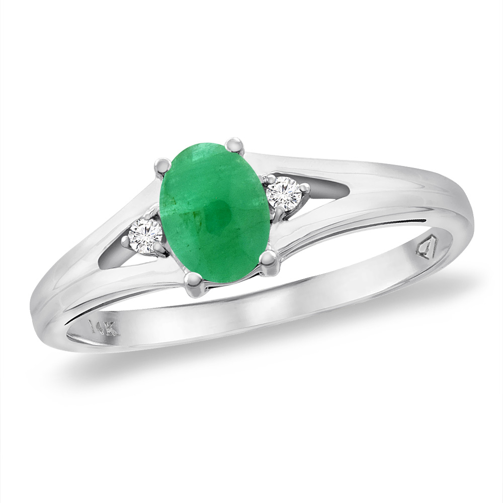 14K White Gold Diamond Natural Cabochon Emerald Engagement Ring Oval 6x4 mm, sizes 5 -10