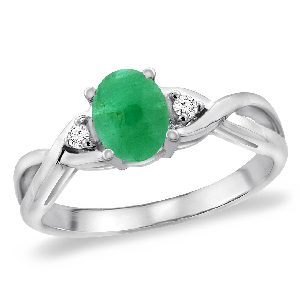 14K White Gold Diamond Natural Cabochon Emerald Infinity Engagement Ring Oval 7x5 mm, sizes 5 -10