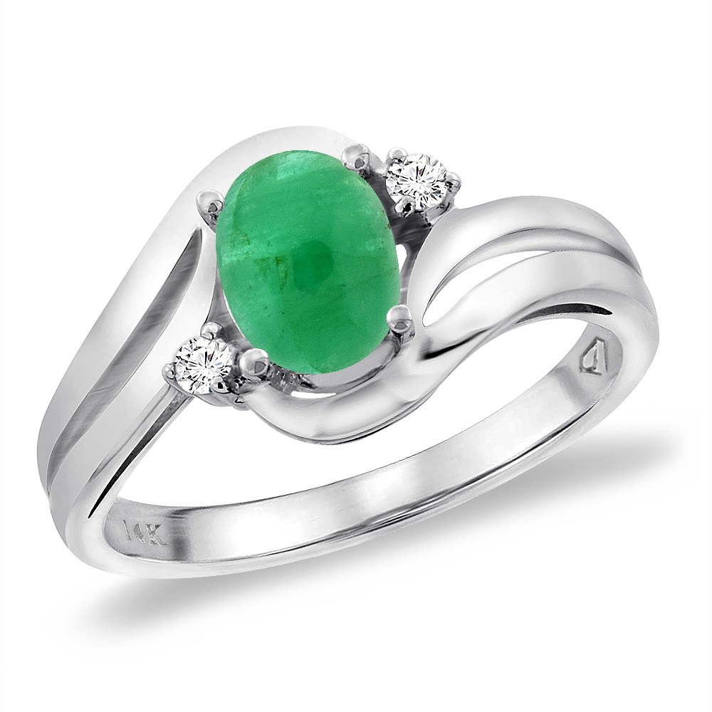 14K White Gold Diamond Natural Cabochon Emerald Bypass Engagement Ring Oval 8x6 mm, sizes 5 -10