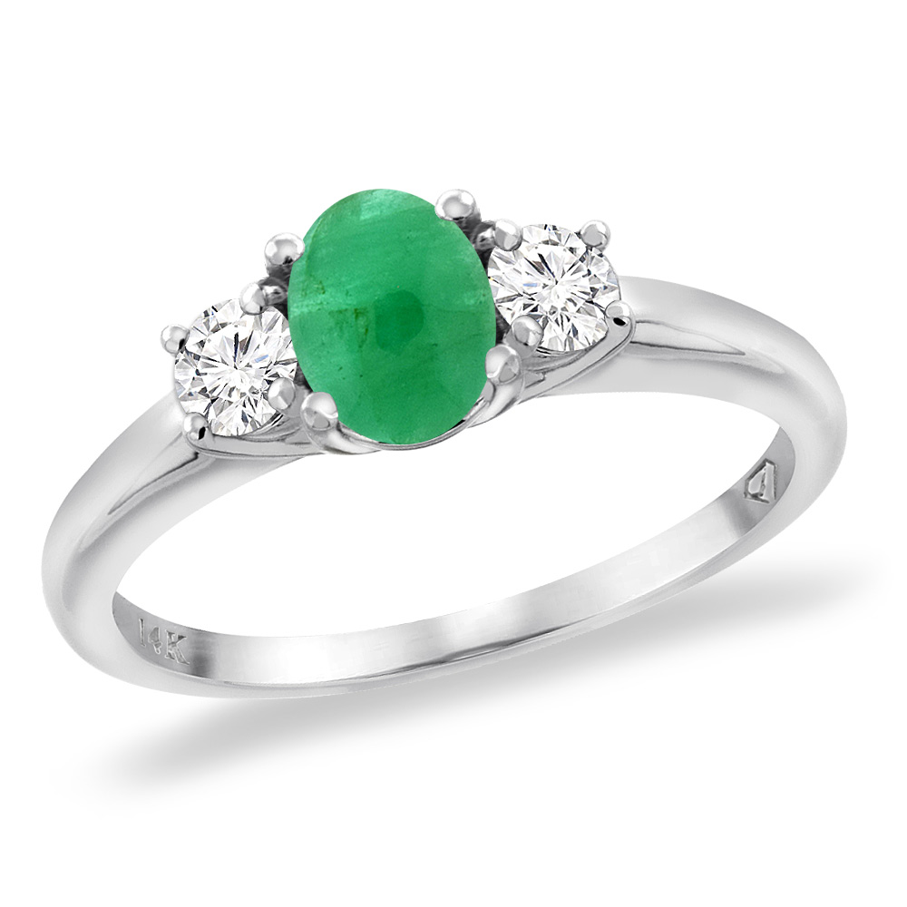 14K White Gold Natural Cabochon Emerald Engagement Ring Diamond Accents Oval 7x5 mm, sizes 5 -10