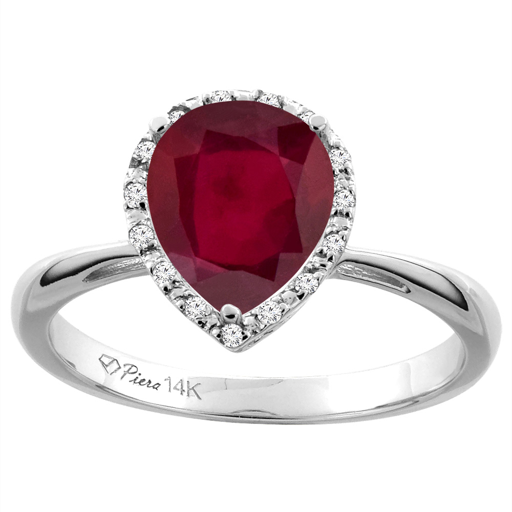 14K White Gold Diamond Halo Natural Quality Ruby Engagement Ring Pear Shape 9x7 mm, size 5-10