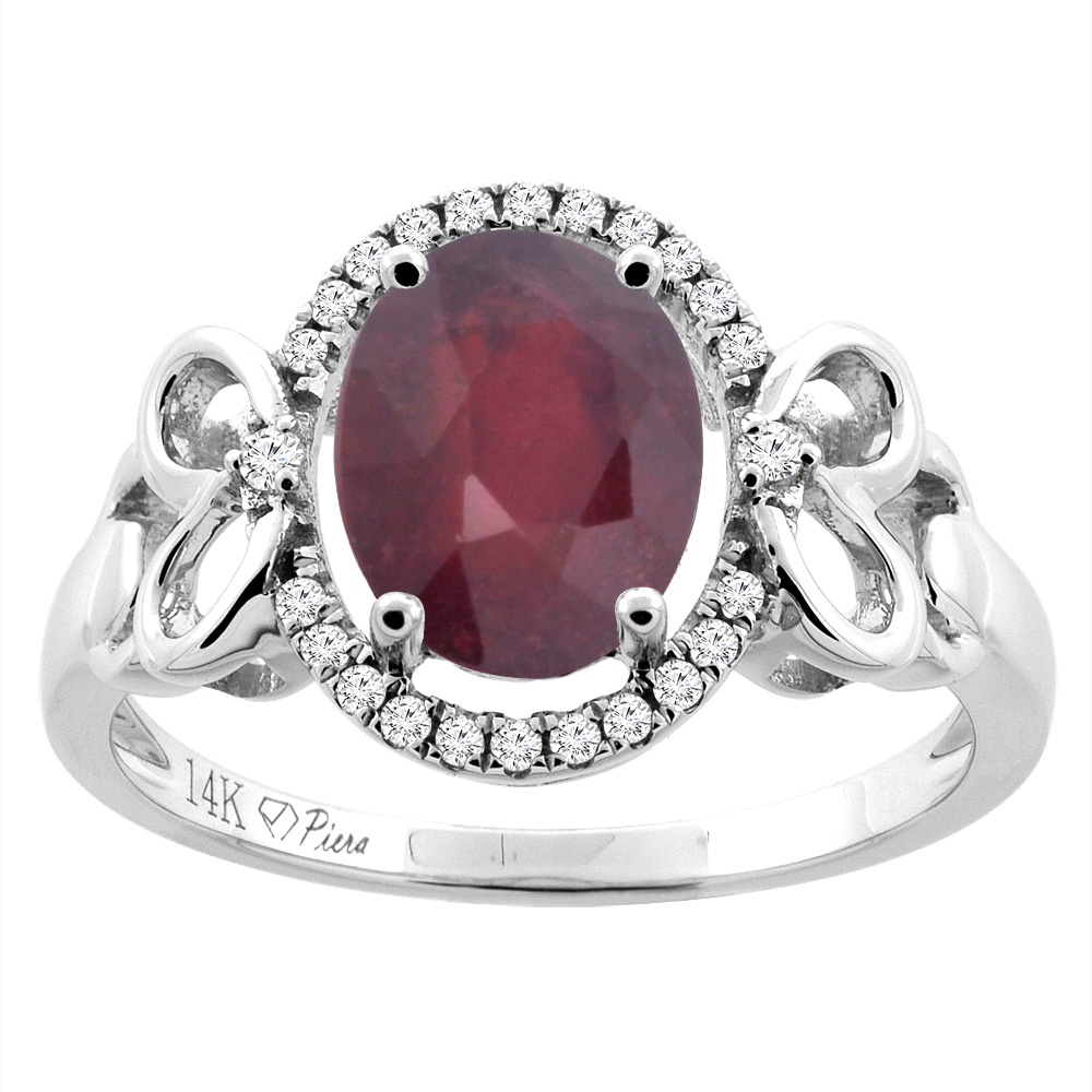 14K Gold Diamond Halo Natural Quality Ruby Engagement Ring Oval 9x7 mm Heart Accent, size 5 - 10