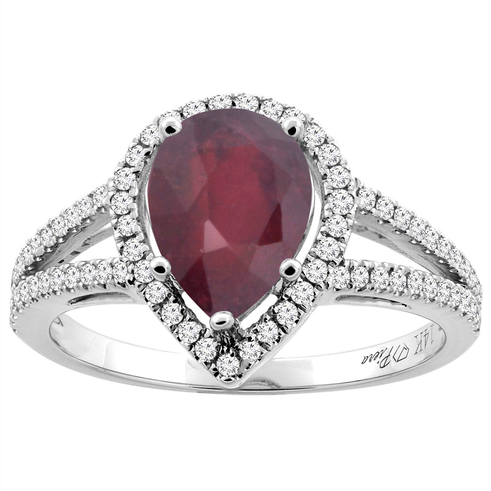 14K Gold Diamond Natural Quality Ruby Engagement Ring Pear Shape 9x7 mm, size 5 - 10