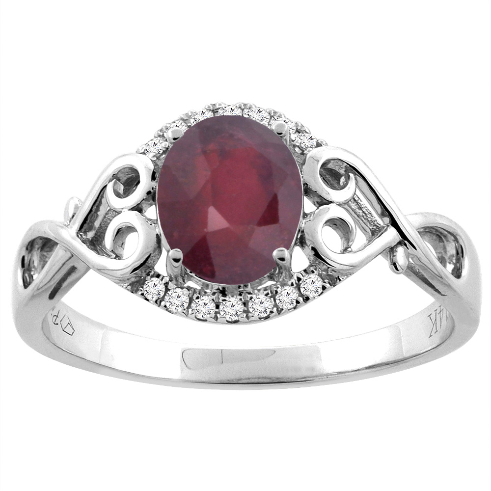 14K Gold Diamond Natural Quality Ruby Engagement Ring Oval 8x6 mm Heart Accent, size 5 - 10