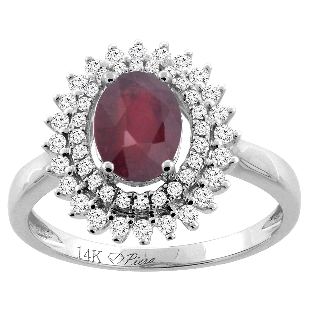 14K Gold Diamond Double Halo Natural Quality Ruby Engagement Ring Oval 8x6 mm, size 5 - 10